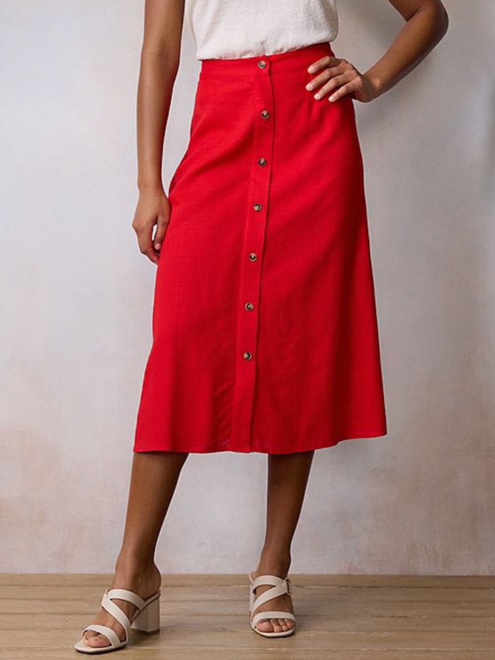 LC Lauren Conrad Linen Blend Red Button Front Midi Skirt NWT